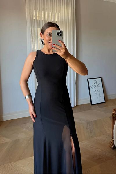 Tuba Butik Zero Sleeve Slit Long Tulle Dress