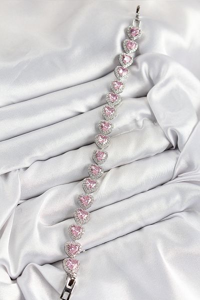 BESKAR Brass Zircon Stone Pink Heart Baguette Model Silver Color Vip Series Women's Bracelet