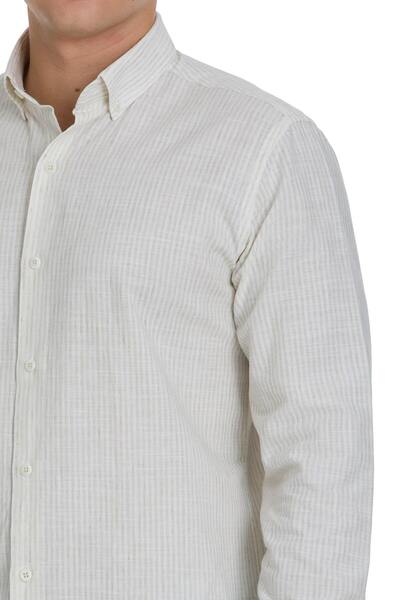 Hatemoğlu Haki Comfort Fit Çizgili Düğmeli Yaka Pamuk-Keten Uzun Kollu Gömlek