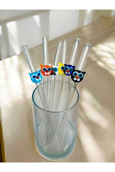 nazarboncuğu Glass Transparent Cat Figured Straw Eco-Friendly Set of 6 Glass Straws
