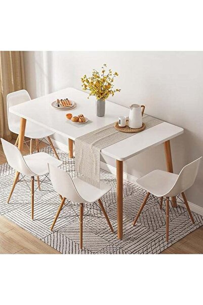 Taimi 5-Pieces Dining Set: White Rectangular Table (120x60x73 cm) + 4 White Plastic Chairs (70x40x40 cm)