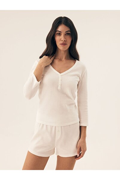 Bloovii Women's Pajama 2-Piece Set Waffle Structure 3/4 Sleeve T-Shirt & Shorts Buttons | Vaffle