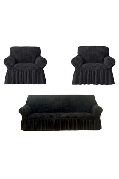 OEM Set 3 Huse, 2 Fotolii si Canapea 3 Locuri, Creponat cu Volanase, Poliester cu Licra, Gri Inchis