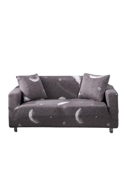 OEM Elastic Sofa Cover, Comfort, Elastane, Feather Print, M-2 Seats, 145-185cm, White-Grey