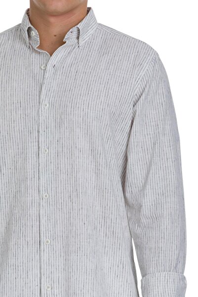 Hatemoğlu Gri Comfort Fit Çizgili Düğmeli Yaka Pamuk-Keten Uzun Kollu Gömlek