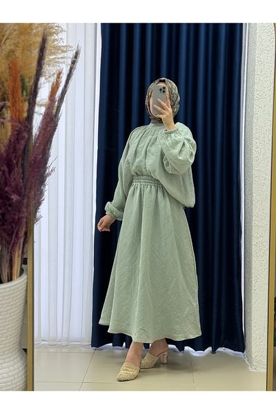 MİHRA STORE Miruna Wavy Linen Voile Balloon Sleeve Skirt Suit-Mf1794 Green