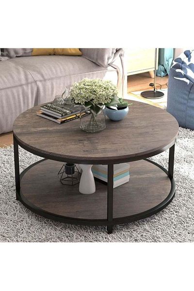 AGD Living Room Rustic Wooden Coffee Table 2 Layers Sturdy Metal Legs Table Spacious Round Top Coffee Ta