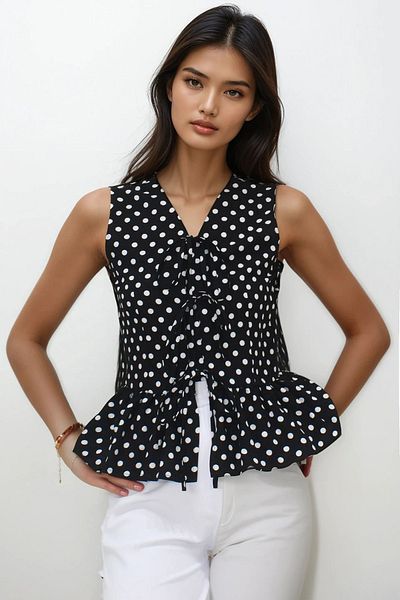 VAGGON Black-White V-Neck Aerobin Blouse with Bow Detail Skirt
