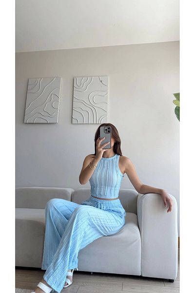 Zoom Butik Halter Ribbed Double Set - Blue