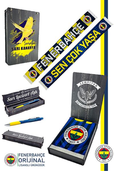 Fenerbahçe Original Licensed Longslive Satin Shawl Scarf + Tip Pen Set Gift Wooden Boxed