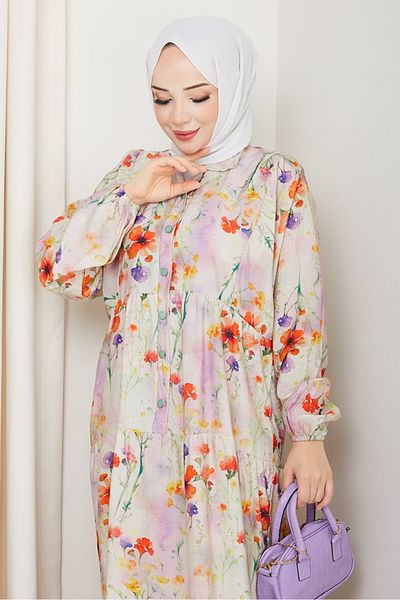Bestenur Φόρεμα Hijab με μοτίβο λουλουδιών μανίκι 1570 - Λιλά