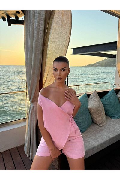 Stil Sepeti Women's Pink V-Neck Linen Asymmetrical Cut Side Lace-Up Vest Mini Shorts Suit Tl-10004017