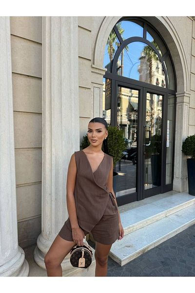 Stil Sepeti Women's Coffee V-Neck Linen Asymmetric Cut Side Lace-Up Vest Mini Shorts Suit Tl-10004017
