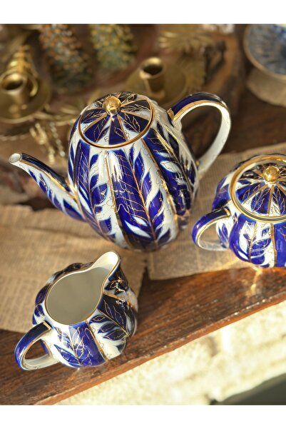 LOMONOSOV Imperial porselen Antika Rus Kobalt Mavi Beyaz Altın Yaldızlı Çay Potu Sütlük Şekerlik