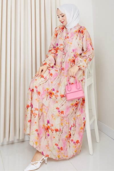 Bestenur Φόρεμα Hijab με μοτίβο λουλουδιών μανίκι 1570 - Ροζ