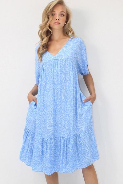 VAGGON Women's Blue V-Neck Double Sleeve Patterned Relaxed Cut Double Pocket Woven Viscose Dress Prmx14196