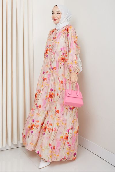 Bestenur Φόρεμα Hijab με μοτίβο λουλουδιών μανίκι 1570 - Ροζ