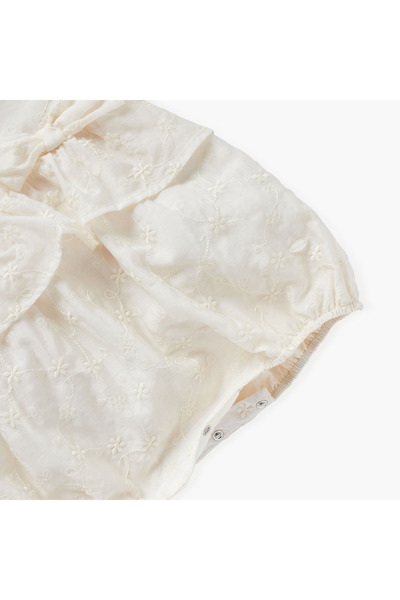 giggles Floral Embroidered Romper with Bow Applique and Short Sleeves