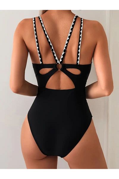 TRAJE DEN V-Neck, Drawstring Waist, High Elasticity, Adjustable Straps and Back Cutout, One-Piece Swimsuit
