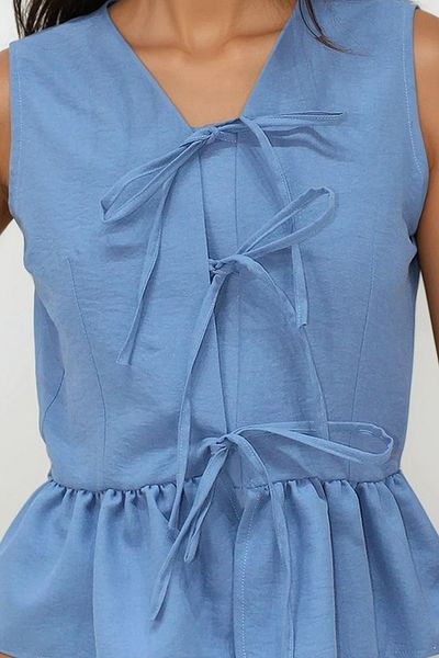 VAGGON Airman Blue V-Neck Bow Detailed Skirt Flounced Aerobin Blouse