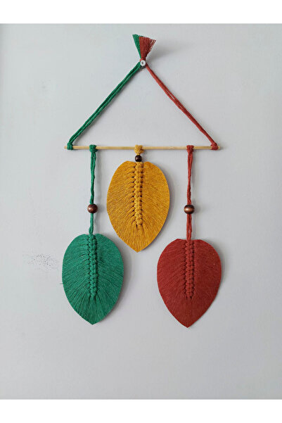 SB MAKROME Üç Yapraklı Dekoratif Makrome Duvar Süsü Yeşil - Hardal - Kiremit
