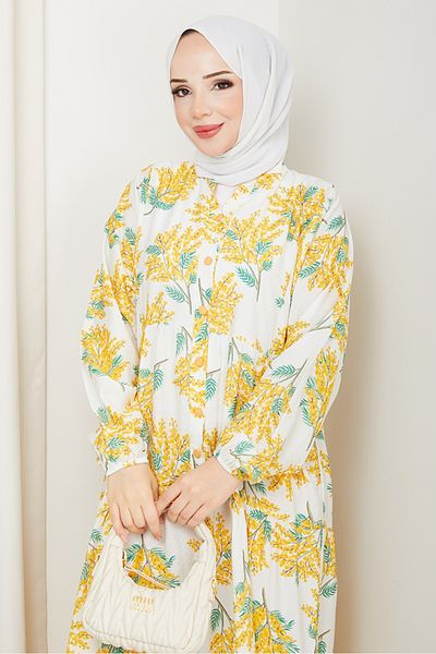 Bestenur Φόρεμα Hijab με μοτίβο Hina με μανίκια 1571 - Κίτρινο