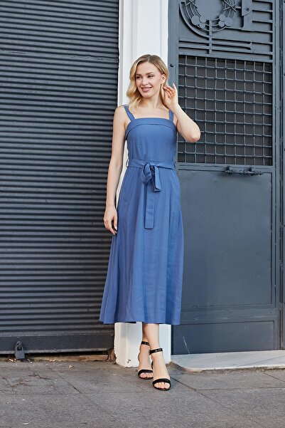 Jument Women's Silky Modal Fabric Suspender Skirt Kiloş Above Knee Summer Evening Dress-Indigo