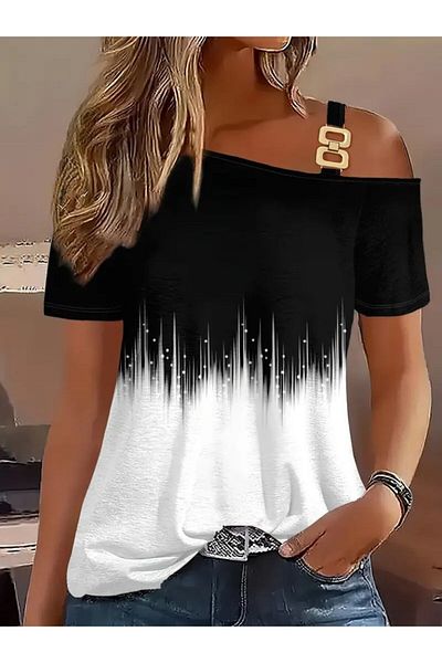 Viyamo New Season Women's One Shoulder Open Strap Detailed Patterned Single Jersey Blouse