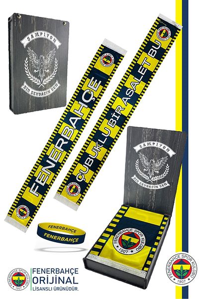 Fenerbahçe Original Licensed a Nobility with a Stick Shawl Scarf and Bracelet Set Canary Printed Wooden Box