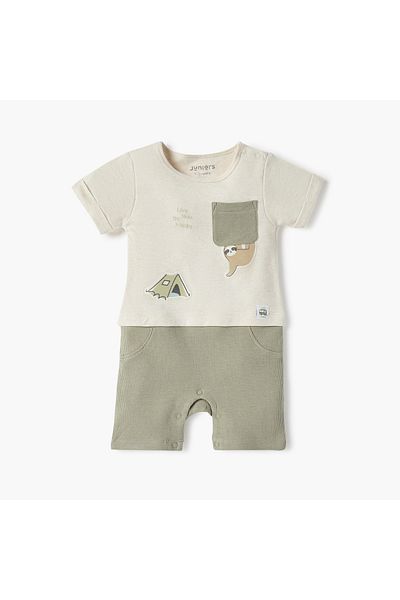 Juniors Printed Romper with Short Sleeves and Button Closure