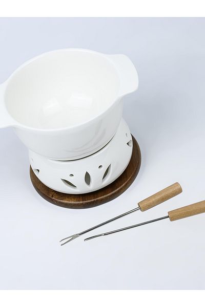 Shallow By Styli Shallow Acacia Wood Porcelain with Stainless Steel Single 4 Pieces Fondue Set