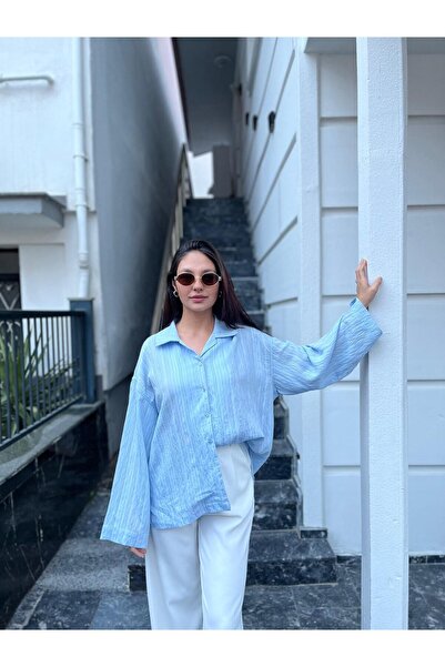 Nilay Yıldırım Boutique Mavi Çizgili Oversize Salaş Gömlek