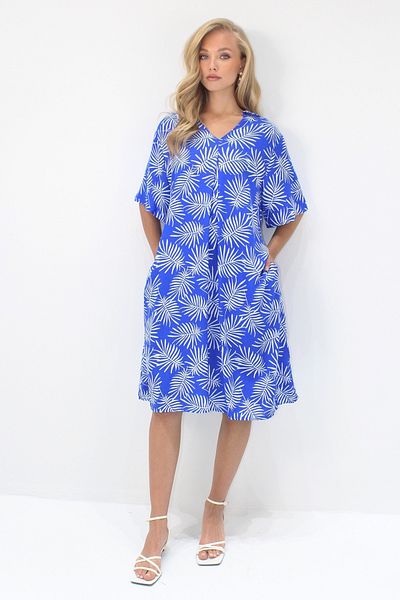 VAGGON Φόρεμα Saks Blue Polo με κοντό μανίκι με μοτίβο διπλής τσέπης υφαντό βισκόζη