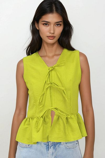 VAGGON Oil Green V-Neck Bow Detailed Skirt Flared Aerobin Blouse