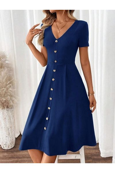 Kokosh moda Γυναικείο κοντομάνικο φόρεμα με λαιμόκοψη V με κουμπί μπροστά