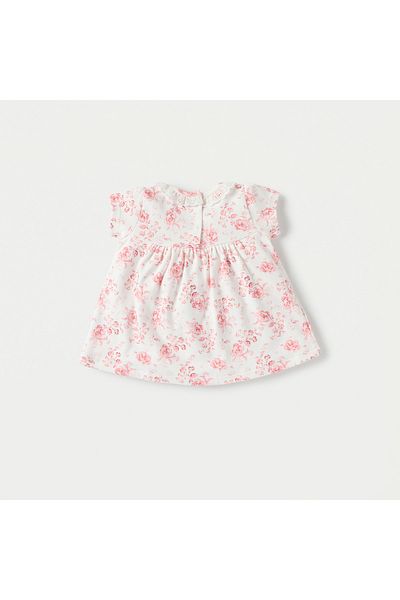 Juniors Floral Print A-line Dress with Round Neck and Short Sleeves