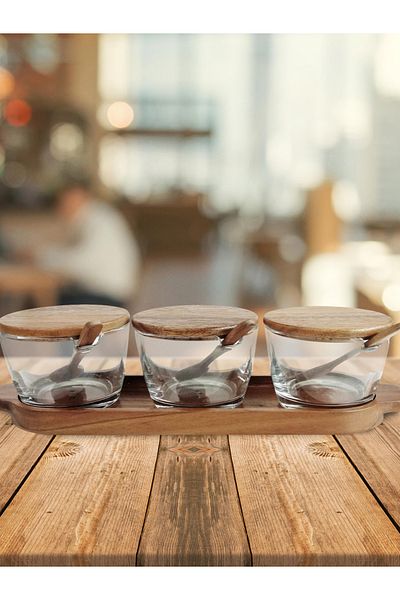 Billi By Styli Billi 3 Condiment Set With Wood Tray Lid & Spoon