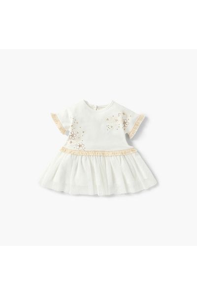 Juniors Embellished Dress with Round Neck and Short Sleeves