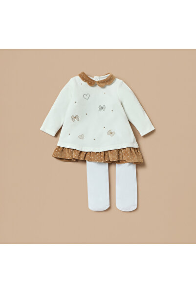 giggles Embroidered A-line Dress and Lace Detail Stockings Set