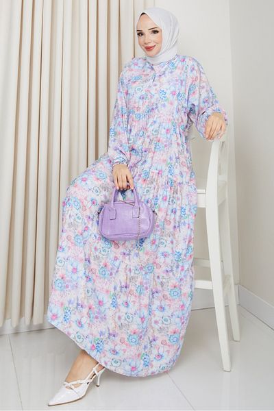 Bestenur Elera Φόρεμα Hijab με μοτίβο μανίκι νυχτερίδας 1572 - Λιλά