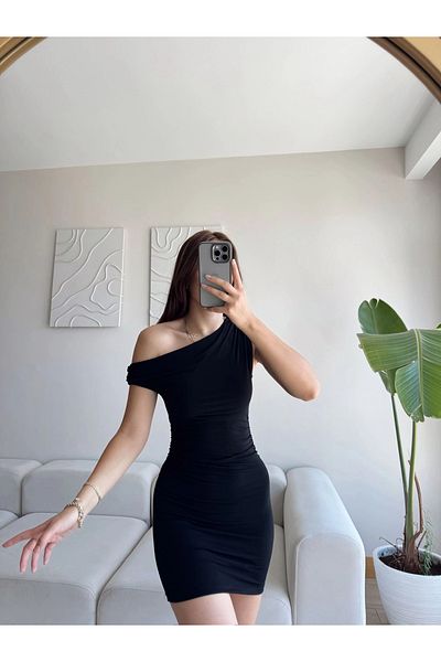 Zoom Butik Boat Neck Gathered Dress - Black