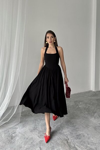 Modayakamoz Black Halter Linen Dress