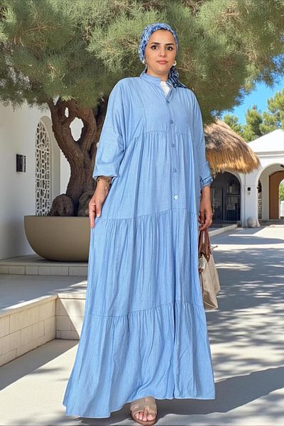 Aselim Hijap Moda Καλοκαιρινό φόρεμα με ρόμπα από ύφασμα φράουλα |   Μπλε με κουμπιά και άνετη εφαρμογή