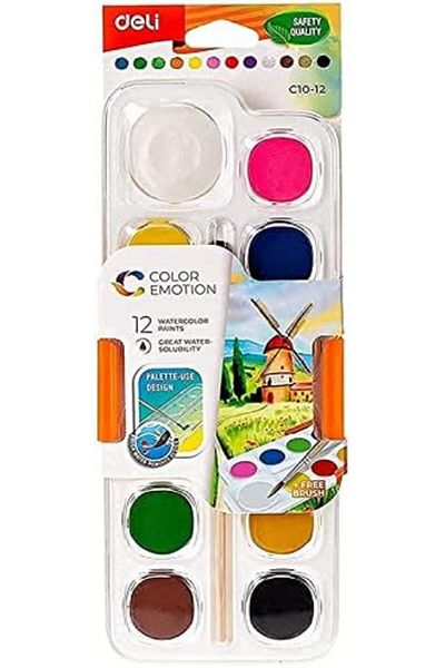 Deli Painting Water Colors With Brush 12-Colors, 28 Mm Diameter