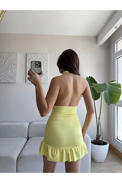 Zoom Butik Halter Neckline Ruffle Dress - Yellow