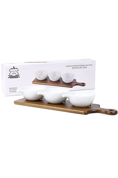 Shallow By Styli Shallow Acacia Wood Porcelain 3 Pieces Serving Set