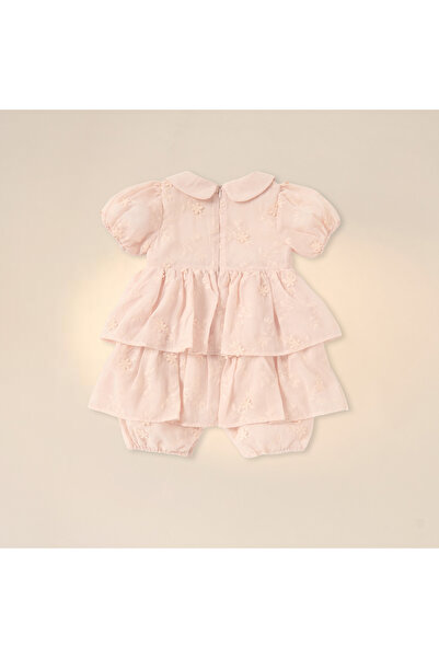 giggles Floral Textured Romper with Collar and Short Sleeves