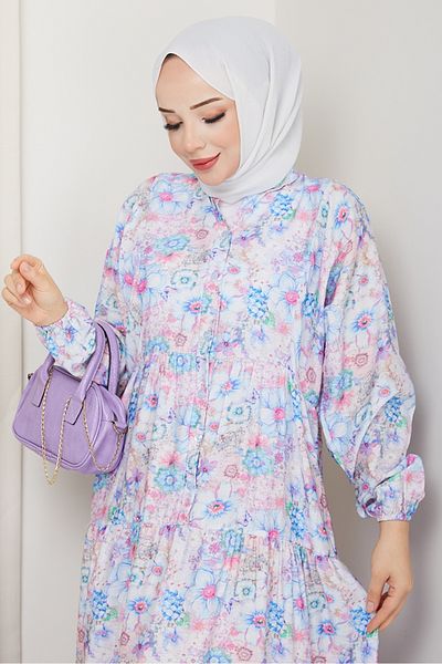 Bestenur Elera Φόρεμα Hijab με μοτίβο μανίκι νυχτερίδας 1572 - Λιλά