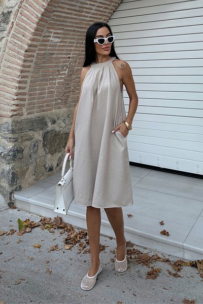 Fav Style Γυναικείο κοντό φόρεμα με γιακά Halter Αμάνικο λινό με τσέπες μπεζ