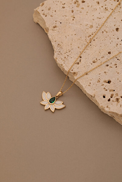 YAVUZ KUYUMCULUK 14 Ayar Altın Zümrüt Taşlı Mineli Lotus Kolye